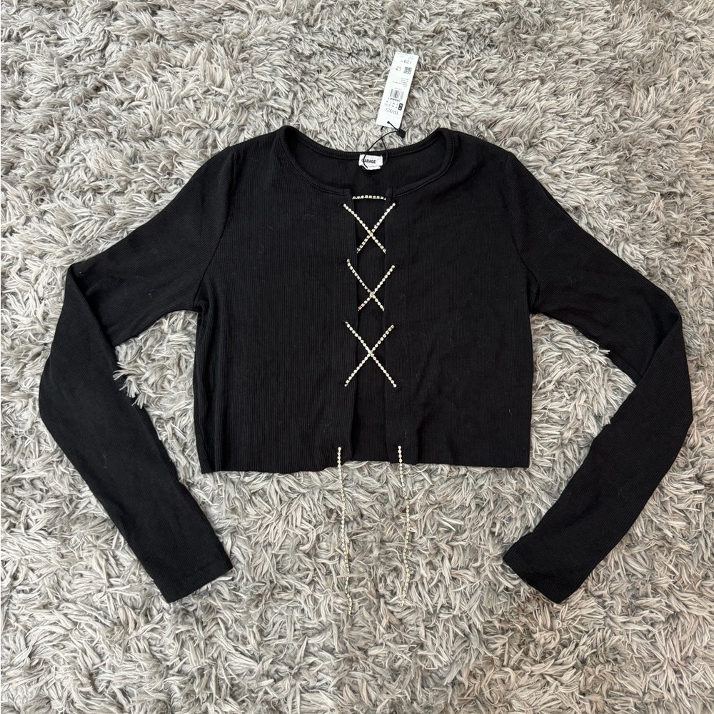 Garage Black Long Sleeve Crop Top with Lace-Up Detail
